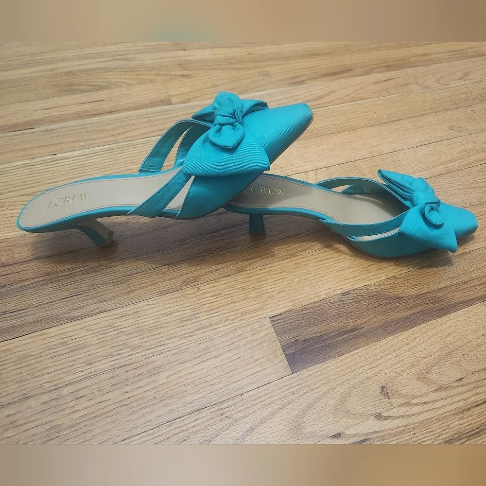 J.Crew Women’s Size 8 Teal Bow Mule Heels Kitten Heel Slip-On Sandals Chic Dress - Picture 10 of 10